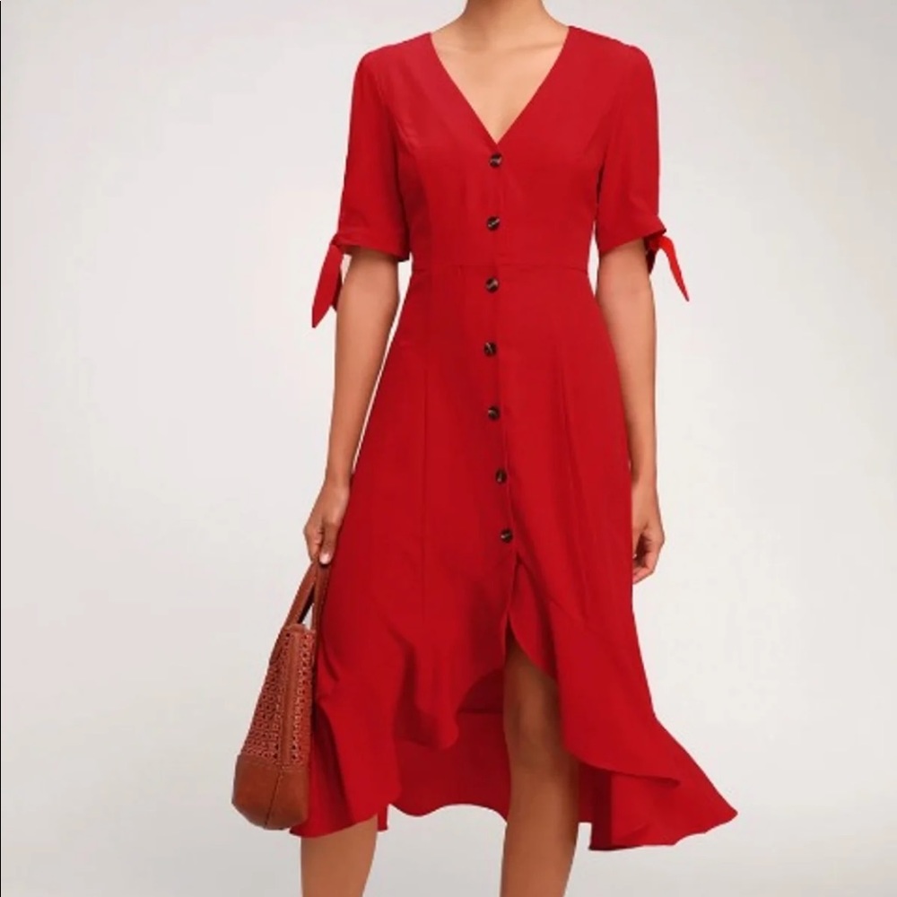 Red Button Front Toe Sleeve Ruffles Midi